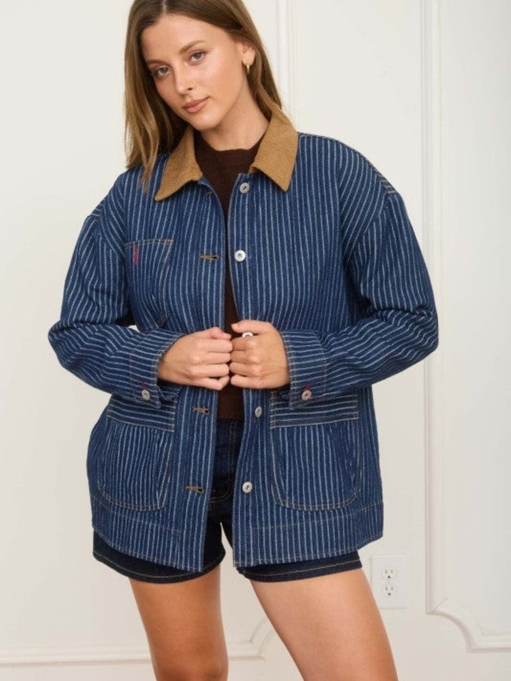 J.O.A. Blue Striped Denim Jacket with Tan Collar